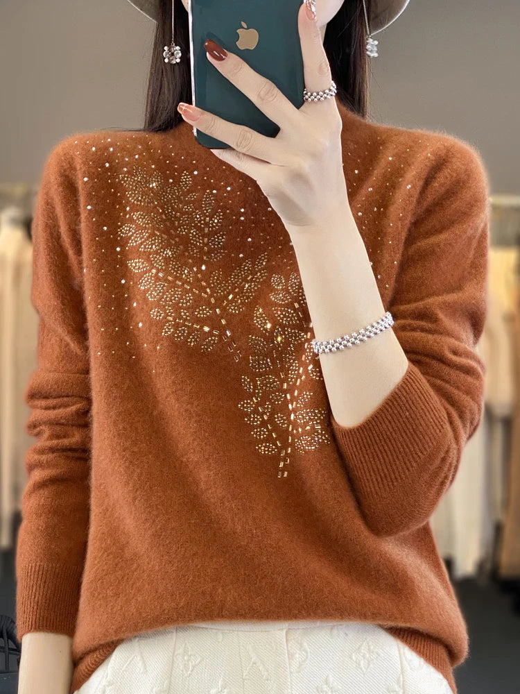 Autumn and Winter New Line ready to wear Knitted Half High Collar Leaf Diamond Women's Solid Color Simple Fashion Sweater