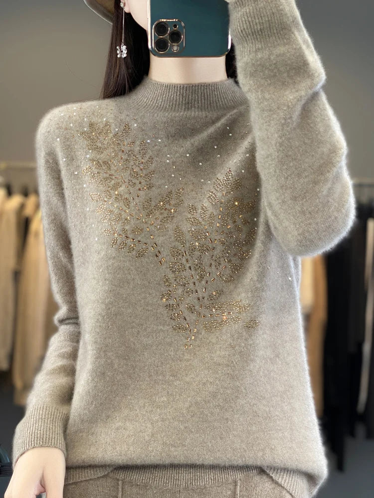 Autumn and Winter New Line ready to wear Knitted Half High Collar Leaf Diamond Women's Solid Color Simple Fashion Sweater