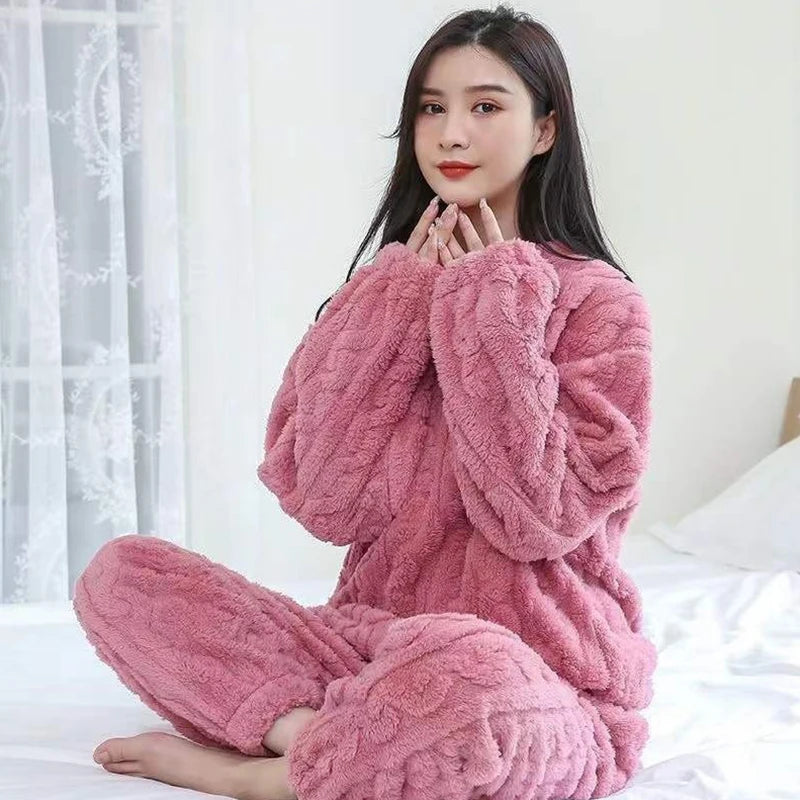 Autumn Women Solid Warm 2 Piece Sets Thicken Velvet Ribbed Fleece Set Pullover And Pants Women Casual Pajama Sets 2023