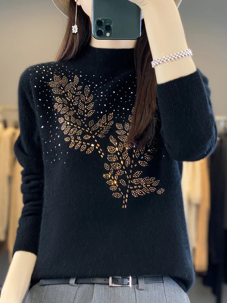 Autumn and Winter New Line ready to wear Knitted Half High Collar Leaf Diamond Women's Solid Color Simple Fashion Sweater