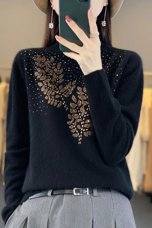 Autumn and Winter New Line ready to wear Knitted Half High Collar Leaf Diamond Women's Solid Color Simple Fashion Sweater