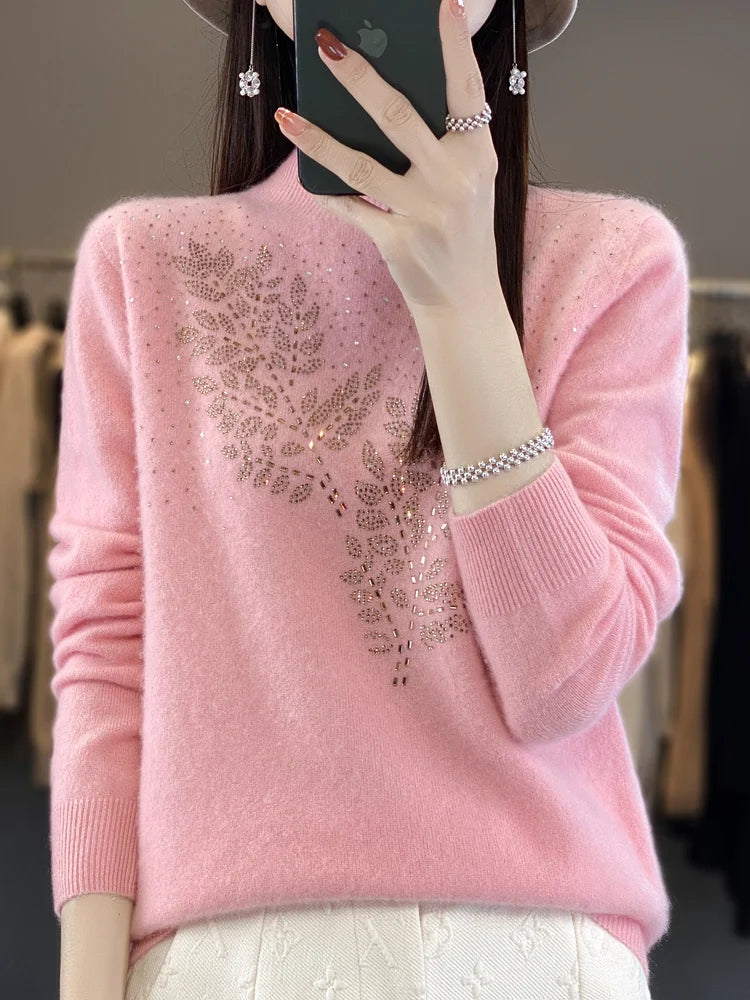 Autumn and Winter New Line ready to wear Knitted Half High Collar Leaf Diamond Women's Solid Color Simple Fashion Sweater