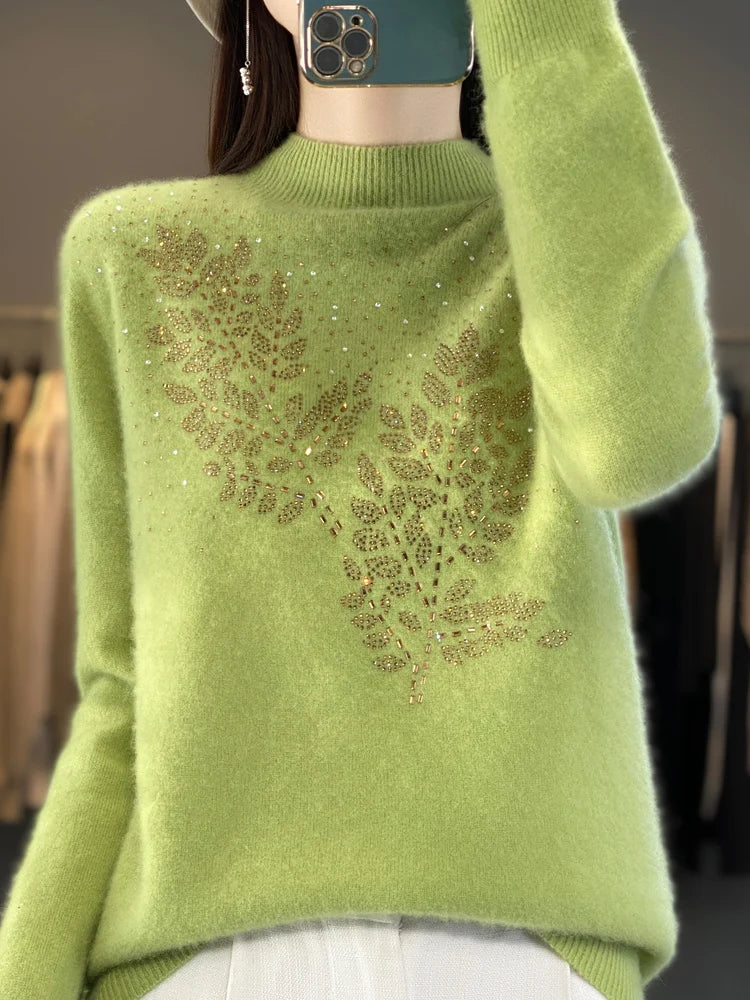 Autumn and Winter New Line ready to wear Knitted Half High Collar Leaf Diamond Women's Solid Color Simple Fashion Sweater