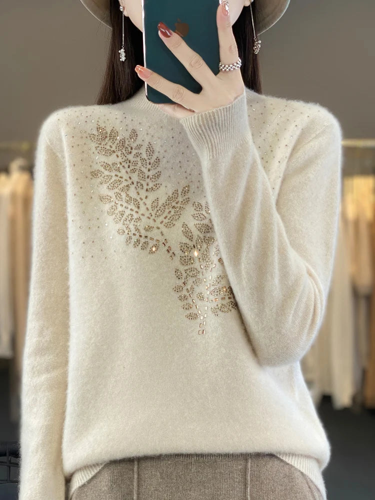 Autumn and Winter New Line ready to wear Knitted Half High Collar Leaf Diamond Women's Solid Color Simple Fashion Sweater